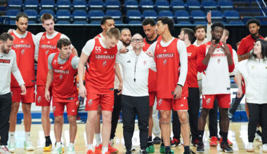 Louisville Cardinals head coach Pat Kelsey and players gather together after their open practice before the first round game against Creighton of the 2025 NCAA men's basketball tournament In Lexington, Kentucky Wednesday, March 19, 2025.
