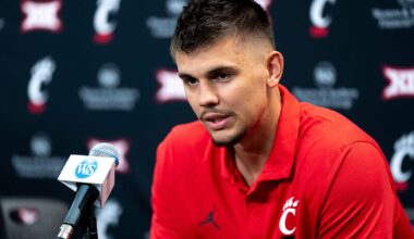 Cincinnati Bearcats guard Kerr Kriisa speaks at a podium at First Third Arena in Cincinnati on Wednesday, July 16, 2025.
