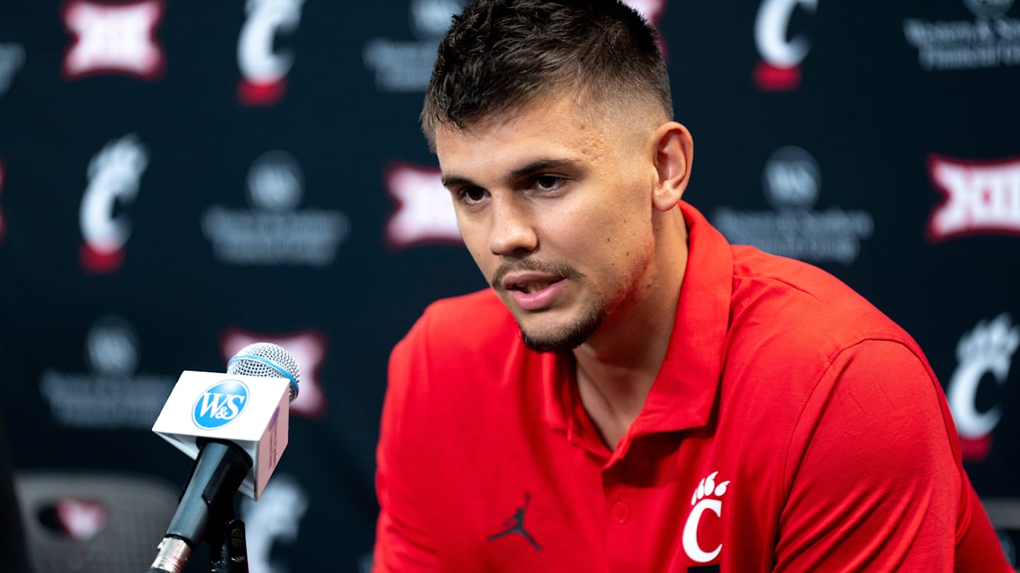 Cincinnati Bearcats guard Kerr Kriisa speaks at a podium at First Third Arena in Cincinnati on Wednesday, July 16, 2025.