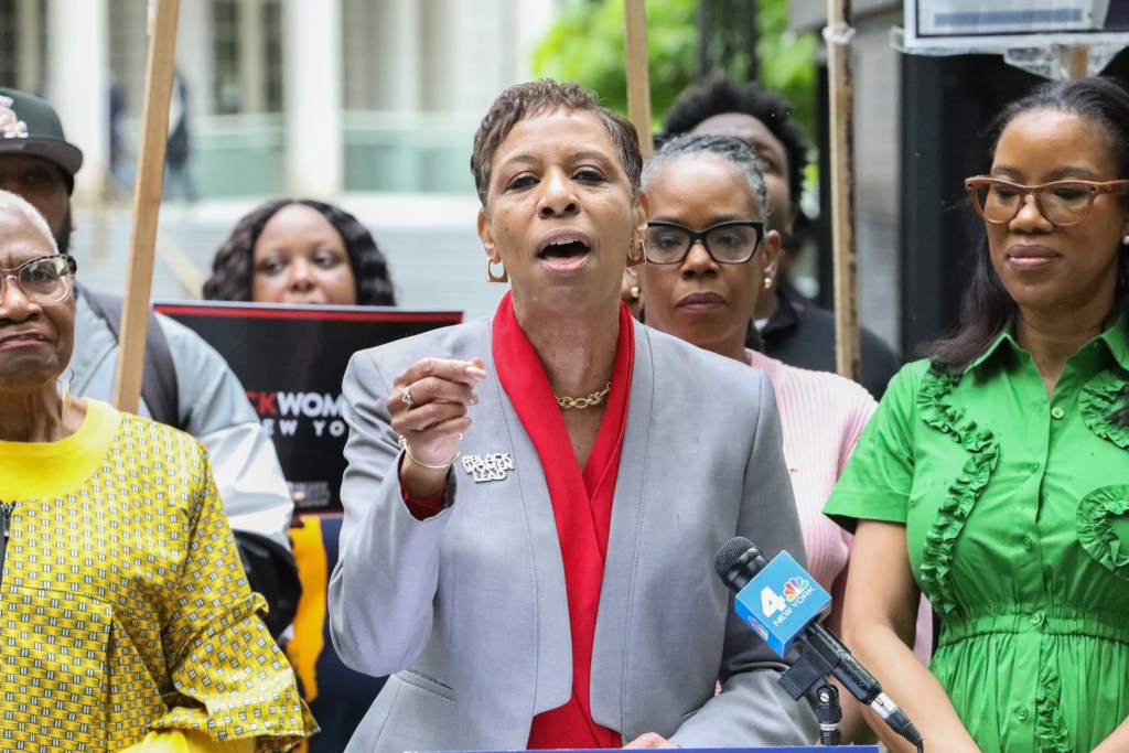 Council Speaker Adrienne Adams holds a mayoral campaign event outside City Hall.
