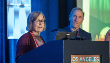 Exiting board president Felice Freyer speaks at HJ25 during the Awards for Excellence in Health Care Journalism ceremony