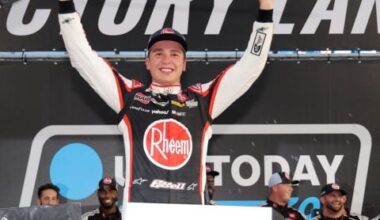 Christopher Bell, driver of the No. 20 Joe Gibbs Racing Toyota, celebrates in victory lane after winning the NASCAR Cup Series race and completing the weekend sweep at New Hampshire Motor Speedway on June 23, 2024.