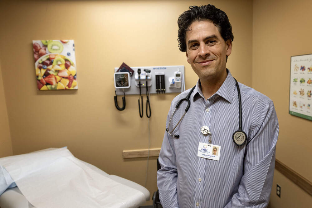 Joaquin Carral, a primary care doctor with the Community Health Center of Franklin Country, at the Turners Falls facility. (Anthony Brooks/WBUR)