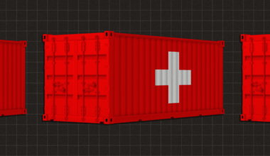 Photo illustrations of cargo shipping containers with the Swiss flag overlaid on them