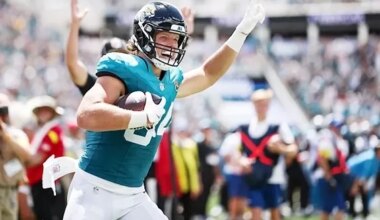Jacksonville Jaguars newcomer Hunter Long celebrates his first career touchdown reception on Sunday against the Carolina Panthers at EverBank Stadium. (James Gilbert / Jacksonville Jaguars)