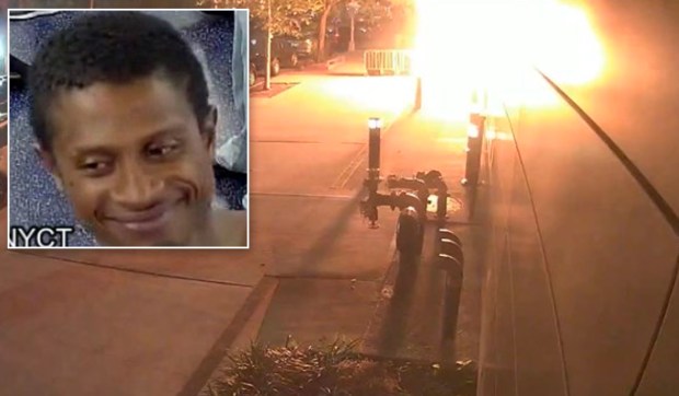 A subway camera caught the suspect's face (inset) after he set another fire outside a Pacific Street apartment building (main photo).