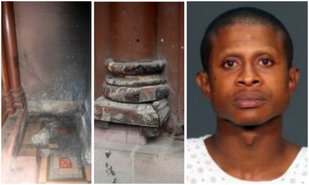 Bryan Oviedo (right) was arrested over the weekend for the August 20th arson spree, which damaged an Episcopal church in Clinton Hill (left).