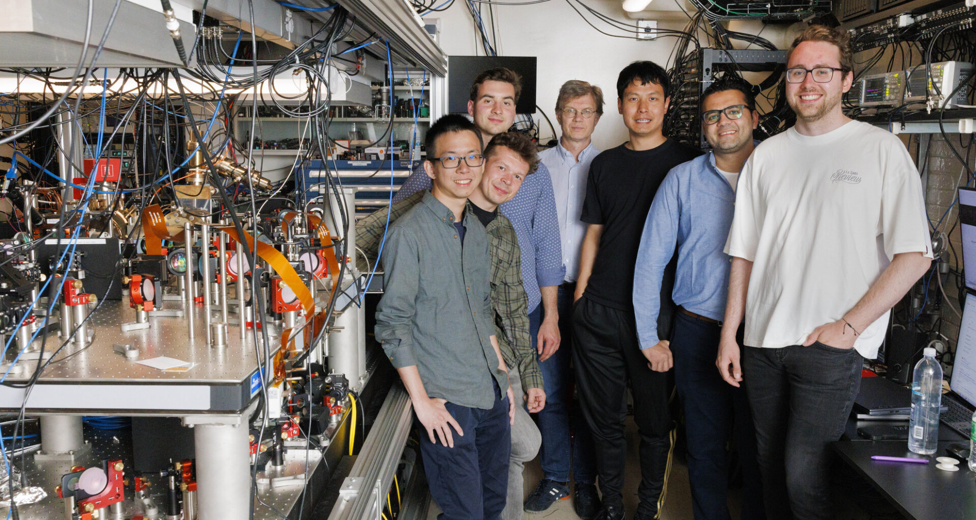 Neng-Chun Chiu (from left), Simon Hollerith, Luke Stewart, Mikhail Lukin, Jinen (Tim) Guo, Mohamed Abobeih, and Elias Trapp.