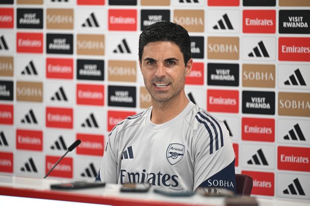 LONDON COLNEY, ENGLAND - AUGUST 15: Arsenal manager Mikel Arteta attends a press conference at Sobha Realty Training Centre on August 15, 2025 in London Colney, England. (Photo by Stuart MacFarlane/Arsenal FC via Getty Images)