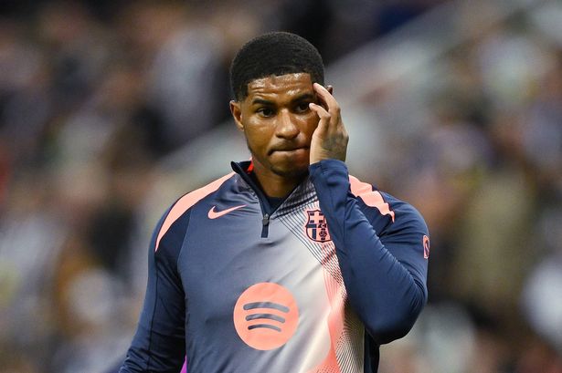 NEWCASTLE UPON TYNE, ENGLAND - SEPTEMBER 18: Marcus Rashford of FC Barcelona looks on as he warms up prior to the UEFA Champions League 2025/26 League Phase MD1 match between Newcastle United FC and FC Barcelona at St James' Park on September 18, 2025 in Newcastle upon Tyne, England. (Photo by Clive Mason/Getty Images)
