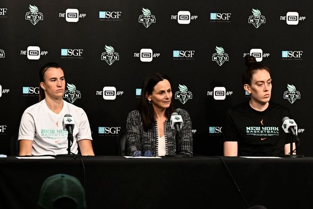 Head Coach Sandy Brondello, Sabrina Ionescu #20 and Breanna Stewart #30 of the New York Liberty speak to the media after the game against the Las Vegas Aces on August 6, 2023 in Brooklyn, New York