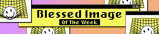 Cartoon smiling face in a web frame with the text "Blessed Image Of The Week" in a digital, retro style banner