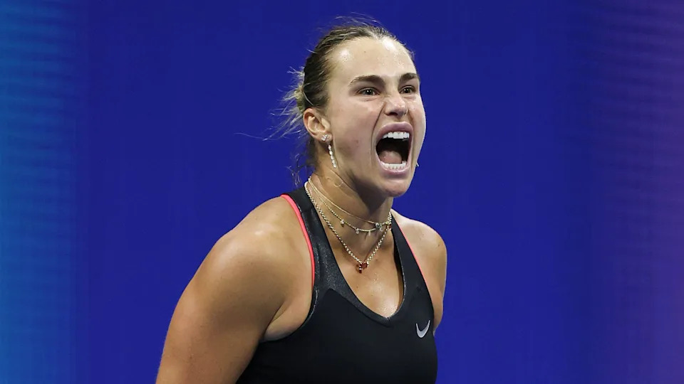 Aryna Sabalenka yells in celebration