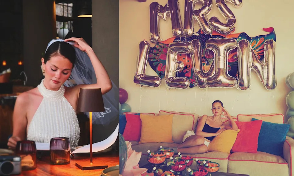 A photo illustration shows two photos of Gomez at her bachelorette party. In one, she's sitting at a table, looking down, as she holds a veil on top of her head. In the second, she sits on a couch under balloons spelling out the words Mrs. Levin.