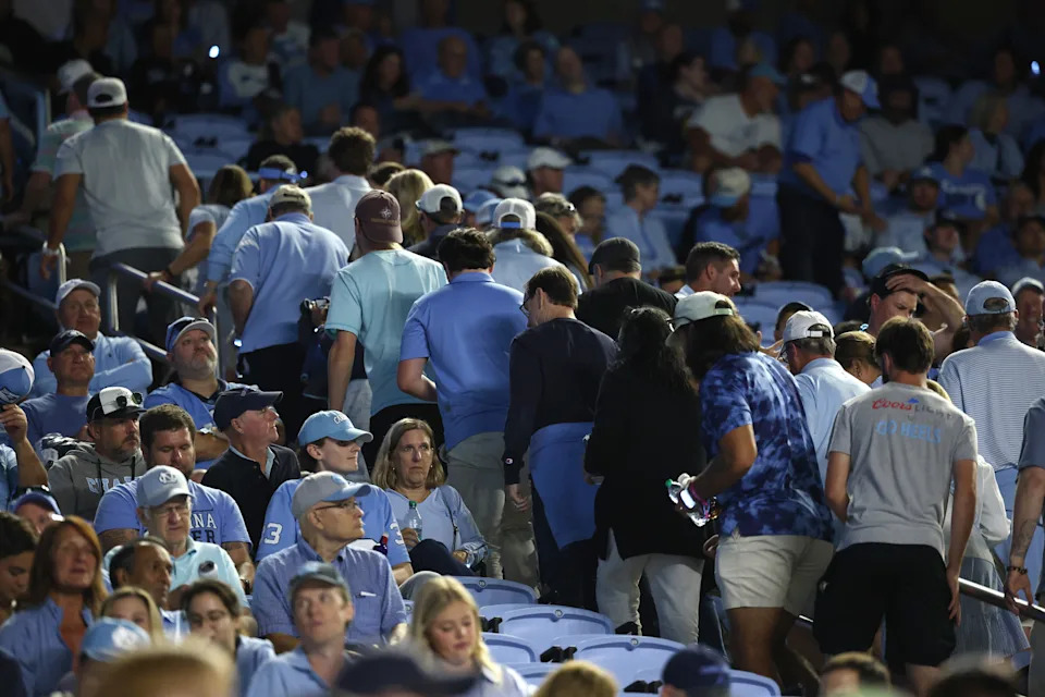 CHAPEL HILL, NORTH CAROLINA - SEPTEMBER 01: North Carolina Tar Heels fans exit their seats during the third quarter of the game against the TCU Horned Frogs at Kenan Stadium on September 01, 2025 in Chapel Hill, North Carolina. (Photo by Jared C. Tilton/Getty Images)