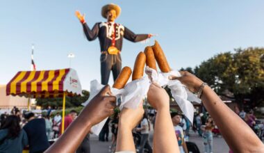 big tex at the state fair of texas with corn dogs