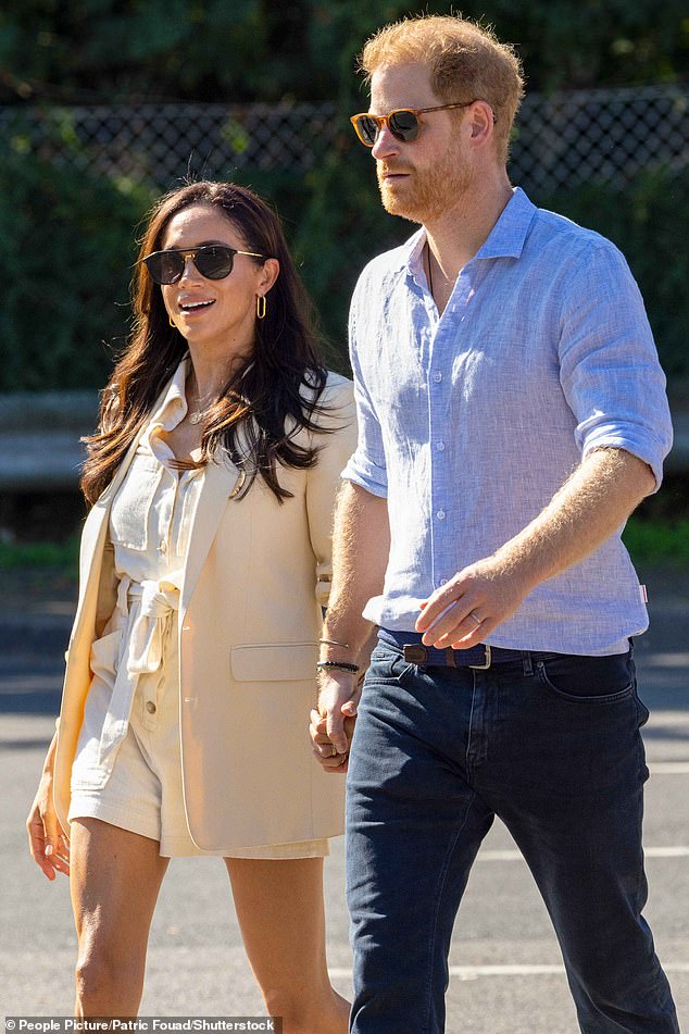 Prince Harry is set to undertake a solo pseudo royal visit to the UK from Monday – with four days of official engagements. Pictured: Harry with his wife Meghan, Duchess of Sussex, at the the Invictus Games in Germany