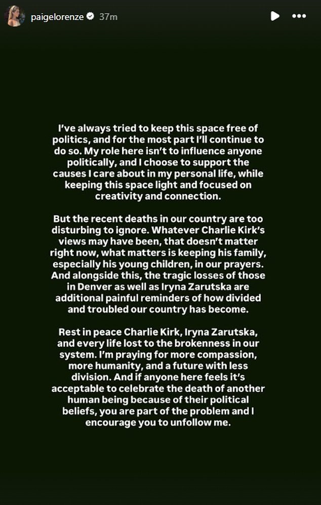 Influencer and entrepreneur Paige Lorenze took to Instagram to rant about Kirk's assassination