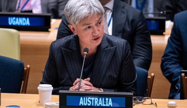 Penny Wong (pictured at the UN) warned that AI, if left unchecked, could lead to nuclear war
