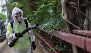 A worker sprays insecticide at a public housing estate following reports of imported cases of Chikungunya virus in Hong Kong in August