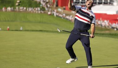 Bryson DeChambeau celebrates his half point against Europe's Matt Fitzpatrick on Sunday