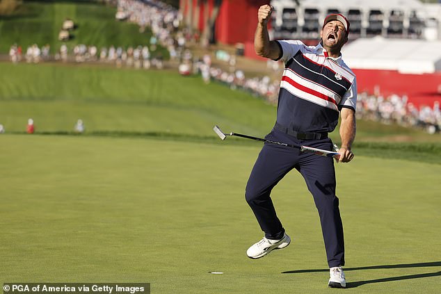 Bryson DeChambeau celebrates his half point against Europe's Matt Fitzpatrick on Sunday