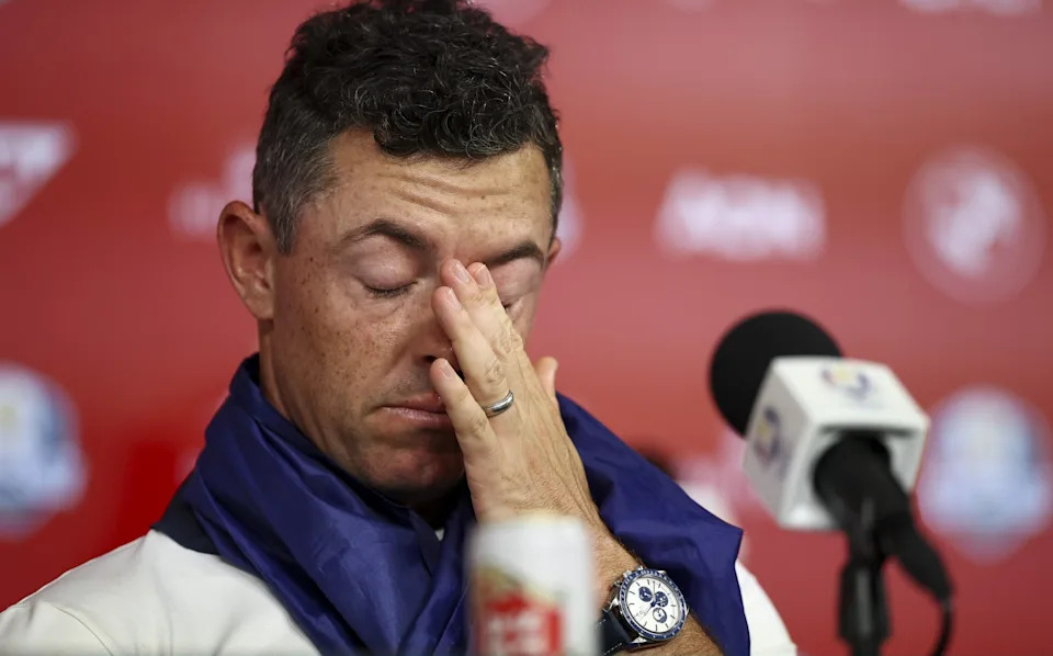 Rory McIlroy looks drained at the post-match press conference