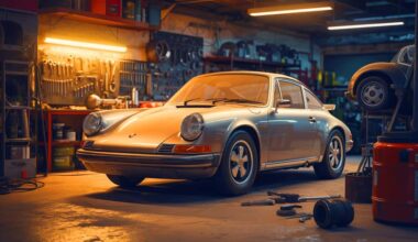 Illustration of a Porsche 911 detained in a garage due to a prolonged legal dispute.