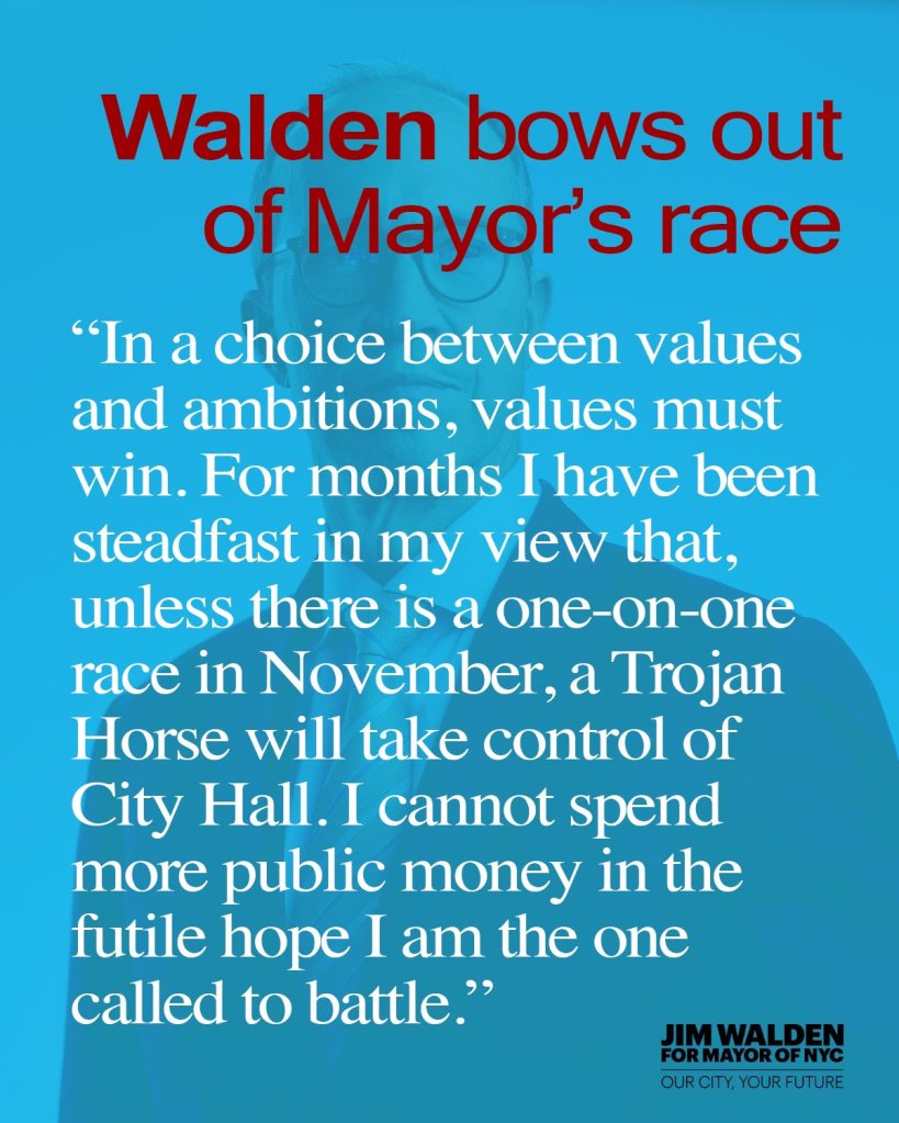 Jim Walden announces withdrawal from NYC mayoral race.