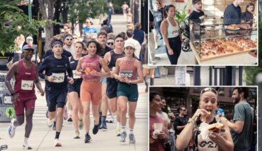 Sweet-toothed sprinters fill NYC streets to run 'Bakery Run' half marathon while noshing on pastries