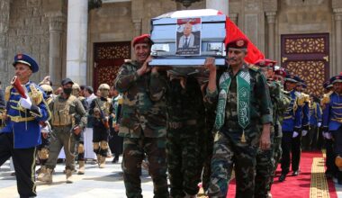 Houthi officers carry the coffin of Houthi Prime Minister Ahmed al-Rahawi, who was killed along with others in Israeli airstrikes on Thursday, out of the Shaab Mosque during his funeral in Sanaa, Yemen, Monday, Sept. 1, 2025. (AP Photo/Osamah Abdulrahman)