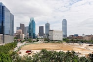 The huge Goldman Sachs campus construction site is just north of the downtown Dallas skyline.