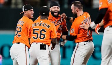 Orioles one out from being no-hit, score 4 runs to stun Dodgers