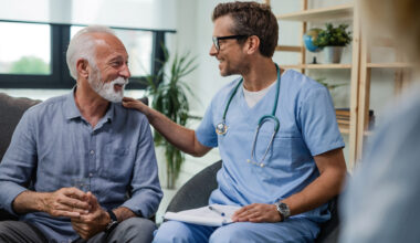 Happy doctor talking to senior male patient while being in a home visit.