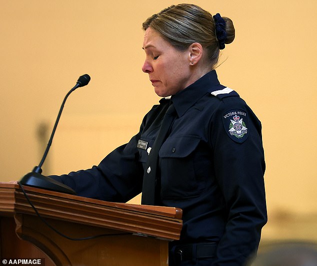 Sergeant Lisa Thompson,  speaks during the funeral service for Detective Leading Senior Constable Neal Thompson at the Victoria Police Academy Chapel in Melbourne, Monday, September 8, 2025. (AAP Image/Con Chronis) NO ARCHIVING, POOL