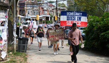 Hundreds march through Penn's campus in anti-Trump protest headed to Washington
