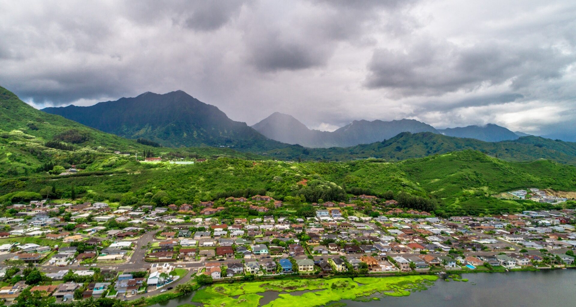 High Angle View Of Residential District in Kailua, Honolulu, Hawaii, USA stock photo