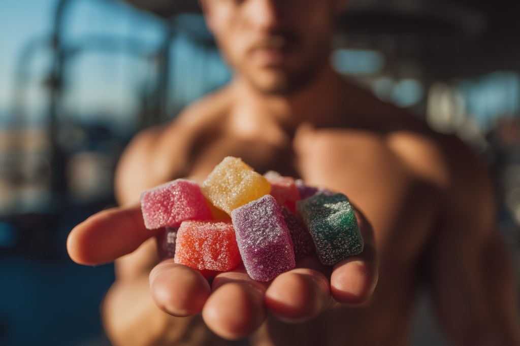 Photorealistic image of a fitness model holding a handful of colorful creatine gummies, natural outdoor lighting, shallow depth of field focusing on the gummies,