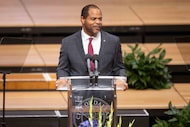 Dallas Mayor Eric Johnson delivers the mayoral address during the 2025 City Council...