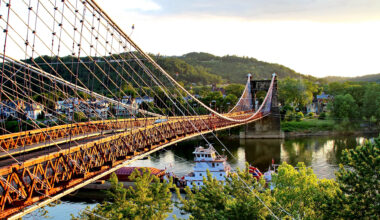 Large boat going under the suspension bridge at Wheeling, West Virginia.