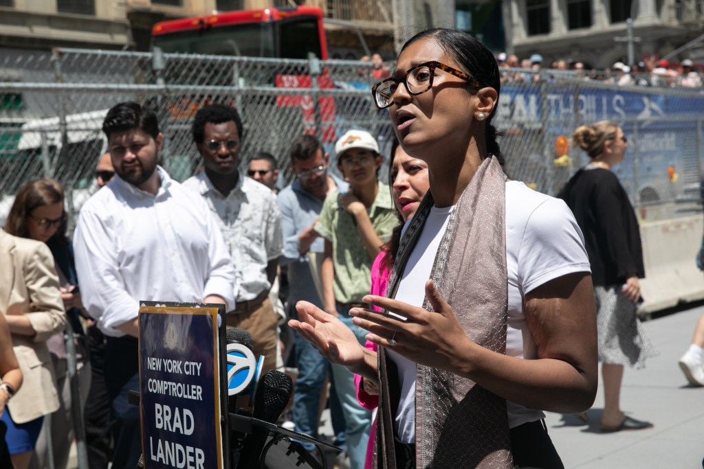 Councilmember Shahana Hanif speaks in front of 26 Federal Plaza about federal agents continuing to detain people following immigration hearings.