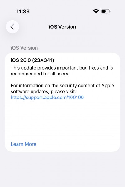 iOS 26 (23A341) update screen
