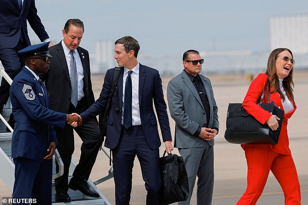 Reince Priebus, Jared Kushner and Sarah Huckabee Sanders disembark from the plane upon arrival in Arizona to attend a memorial service for slain conservative commentator Charlie Kirk at State Farm Stadium, at Luke Air Force Base, Arizona, U.S., September 21, 2025.  REUTERS/Brian Snyder