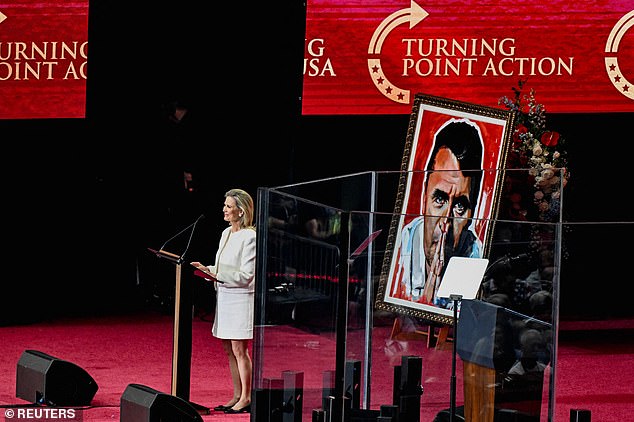 Rebecca Dunn speaks during a memorial service for slain conservative commentator Charlie Kirk at State Farm Stadium in Glendale, Arizona, U.S., September 21, 2025. REUTERS/Caitlin O'Hara