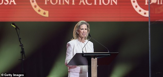 GLENDALE, ARIZONA - SEPTEMBER 21: Philanthropist Rebecca Dunn speaks during the memorial service for political activist Charlie Kirk at State Farm Stadium on September 21, 2025 in Glendale, Arizona. Kirk, the CEO and co-founder of Turning Point USA, was shot and killed on September 10th while speaking at an event during his "American Comeback Tour" at Utah Valley University. (Photo by Eric Thayer/Getty Images)