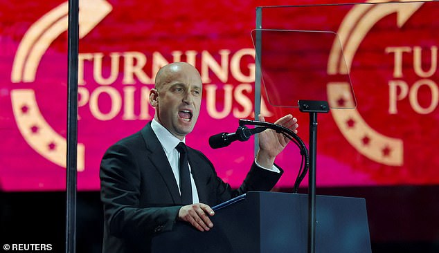 White House Deputy Chief of Staff Stephen Miller speaks during a memorial service for slain conservative commentator Charlie Kirk at State Farm Stadium, in Glendale, Arizona, U.S., September 21, 2025.  REUTERS/Daniel Cole