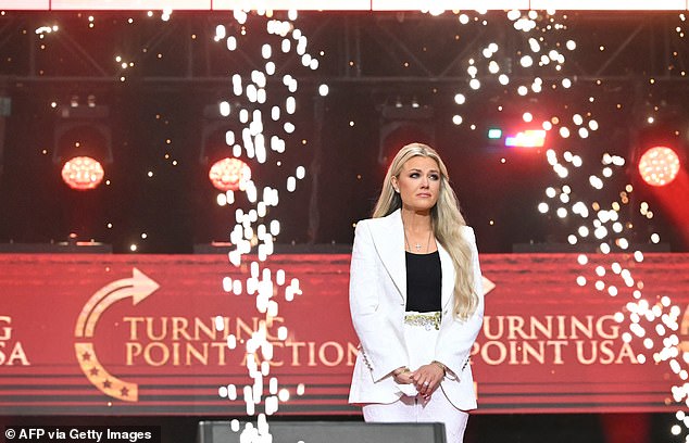 Erika Kirk, Charlie Kirk's widow, arrives to speak at the public memorial service for right-wing activist Charlie Kirk at State Farm Stadium in Glendale, Arizona, on September 21, 2025. (Photo by Mandel NGAN / AFP) (Photo by MANDEL NGAN/AFP via Getty Images)