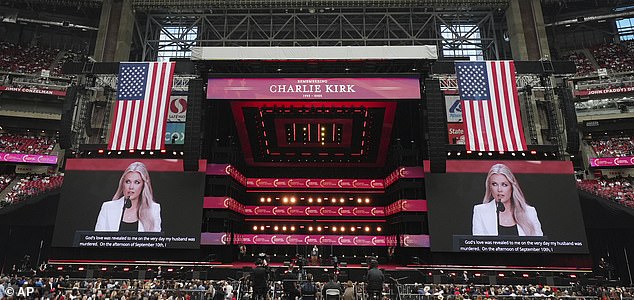 Erika Kirk speaks at a memorial for Charlie Kirk, Sunday, Sept. 21, 2025, at State Farm Stadium in Glendale, Ariz. (AP Photo/Ross D. Franklin)