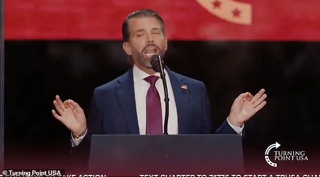 15120543 Donald Trump Jr. speaks during the memorial service for political activist Charlie Kirk at State Farm Stadium on September 21, 2025 in Glendale, Arizona.