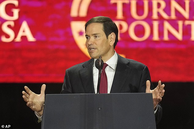 Secretary of State Marco Rubio speaks at a memorial for conservative activist Charlie Kirk, Sunday, Sept. 21, 2025, at State Farm Stadium in Glendale, Ariz. (AP Photo/John Locher)